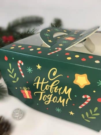 Коробка с окном под под 4 капкейка/пирожных/бенто-торт Изумрудный Новый Год, 140*140*80 мм — изображение 2